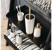 Badezimmer-Szene mit Seifenspender, Zahnbürstenhalter und WC-Garnitur auf einem Regal
