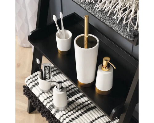 Badezimmer-Szene mit Seifenspender, Zahnbürstenhalter und WC-Garnitur auf einem Regal