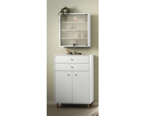 Weißer Badezimmerschrank mit Schubladen, Türen und einem Hängeschrank mit Milchglastüren