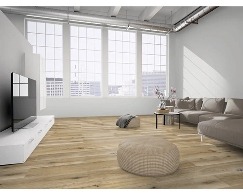 Heller Wohnraum mit Parkettboden, Sofa und Fernseher