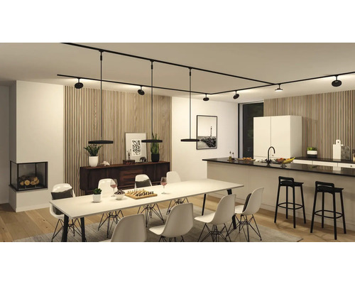 Wohnraum mit Esstisch, Stühlen, Kücheninsel und schwarzem Schienensystem mit Leuchten