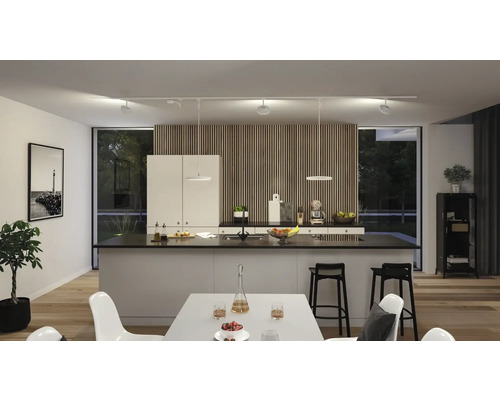 Helle Küche mit Esstisch, Küchentheke, Beleuchtungssystem und Dekoration