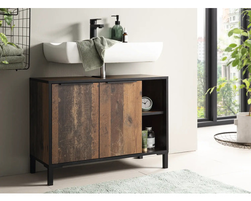 Waschtischunterschrank mit Waschbecken, Armatur und Ablagefächern im Badezimmer