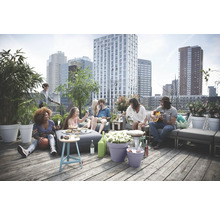 Szene auf einer Dachterrasse mit Menschen, Pflanzen in Töpfen und modularen Lounge-Möbeln.