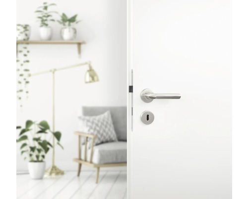 Geöffnete weiße Tür mit silberfarbenem Griff in einem Wohnraum.