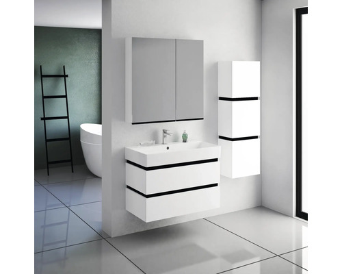 Modernes Badezimmer mit Waschbeckenunterschrank, Spiegelschrank und Hochschrank