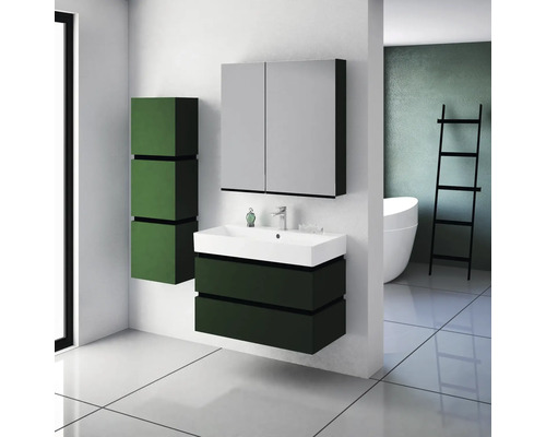 Modernes Badezimmer mit Waschbeckenunterschrank, Spiegelschrank und Regal