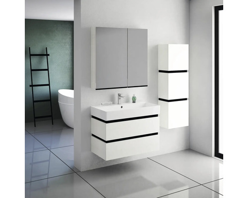 Modernes Badezimmer mit Waschtisch, Spiegelschrank und Hochschrank in Weiß und Grau