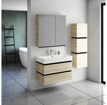 Modernes Badezimmer mit Waschtisch, Spiegelschrank und Hochschrank in Holzoptik