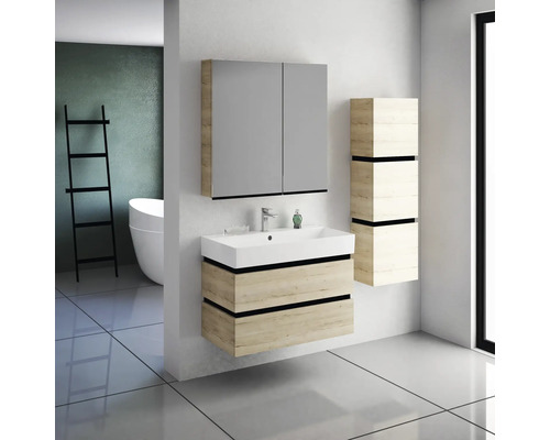 Modernes Badezimmer mit Waschtisch, Spiegelschrank und Hochschrank in Holzoptik