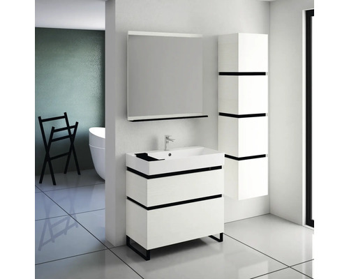 Modernes Badezimmerensemble mit Waschtisch, Spiegel und Hochschrank in Weiß mit schwarzem Akzent