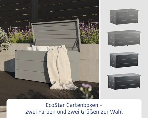 EcoStar Gartenbox mit geöffnetem Deckel und Decke sowie Größen- und Farbauswahl