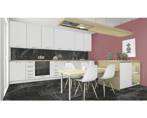 Moderne Küche mit weißen Schränken, Holztisch und schwarzen Marmorböden.