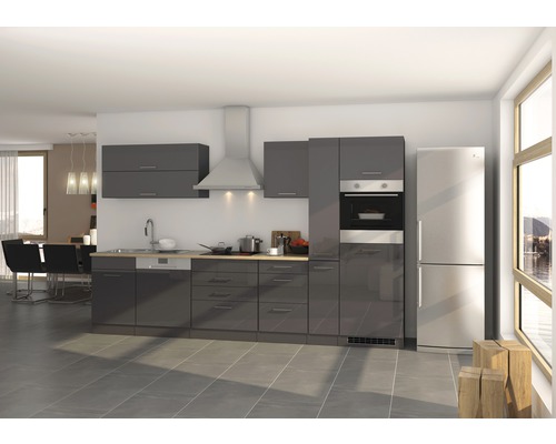 Held Möbel Küchenzeile mit Geräten Mailand 330 cm Frontfarbe grau hochglanz Korpusfarbe graphit zerlegt