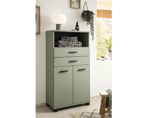 Hoher Schrank mit Schubladen und Türen zur Aufbewahrung von Badutensilien