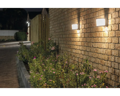 Zwei quadratische Außenleuchten an einer Backsteinmauer neben einer Bepflanzung.
