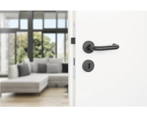 Tür mit schwarzer Türklinke in einem hellen Wohnraum