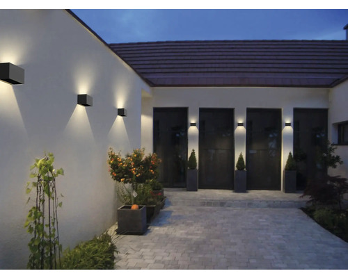 Außenbereich mit Fassadenbeleuchtung und Bepflanzung