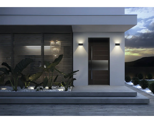 Modernes Haus mit Haustür, Außenbeleuchtung und dekorativem Pflanzenbereich