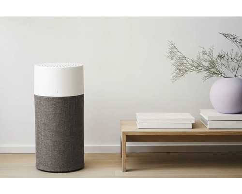 Luftreiniger neben einem Beistelltisch mit Dekoration im Innenraum