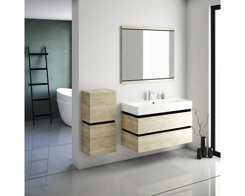 Modernes Badezimmer mit Waschtisch, Spiegel und Hängeschrank in hellem Holzdekor