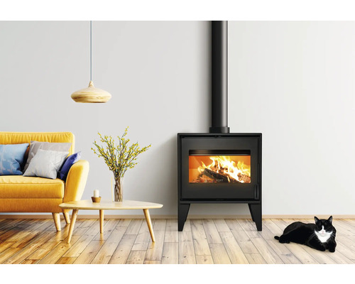 Wohnzimmer mit Kaminofen, Sofa, Tisch, Pendelleuchte und Katze