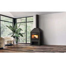 Freistehender Kaminofen mit brennendem Holz in einem hellen Wohnzimmer