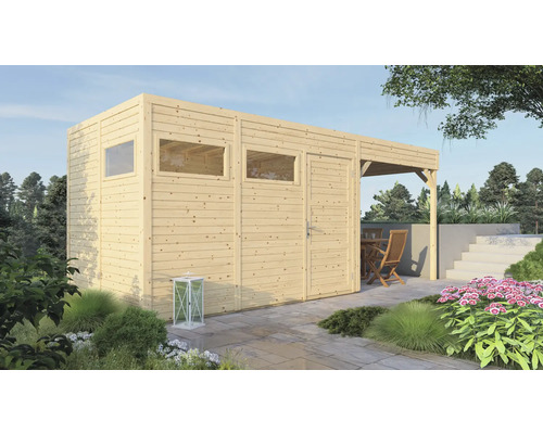 Gartenhaus Bertilo Cubo 3 inkl. Anbaudach und Fußboden 560 x 240 cm natur