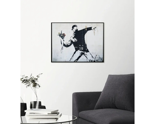 Banksy Blumenwerfer Bild mit schwarzem Rahmen