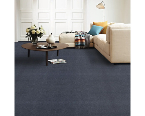 Wohnzimmer mit blauem Teppichboden, Sofa und Tisch