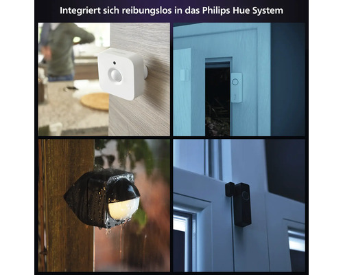 Collage verschiedener Philips Hue Bewegungsmelder für den Innen- und Außenbereich an Türen und Wänden.