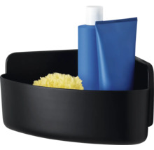 Schwarzes Eckregal mit Duschgel, Tube und Schwamm