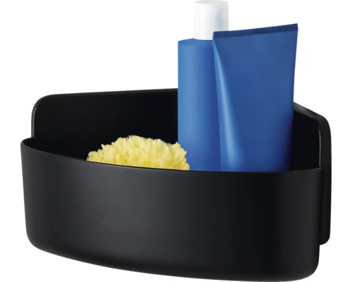 Schwarzes Eckregal mit Duschgel, Tube und Schwamm