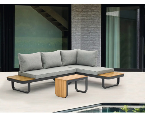 Gartensitzgruppe mit Loungeecke, Tisch und grauen Kissen