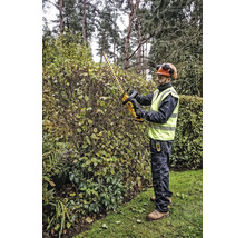 Eine Person schneidet eine Hecke mit einer Heckenschere im Garten.