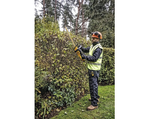 Akku-Heckenschere DeWalt DCMHT563N-XJ, ohne Akku und Ladegerät Eine Person schneidet eine Hecke mit einer Heckenschere im Garten.