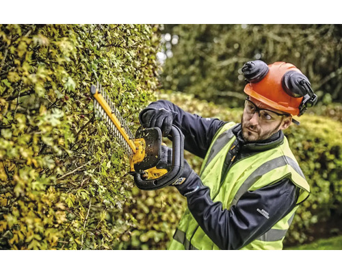 Eine Person schneidet eine Hecke mit einer Heckenschere und trägt dabei Schutzkleidung.