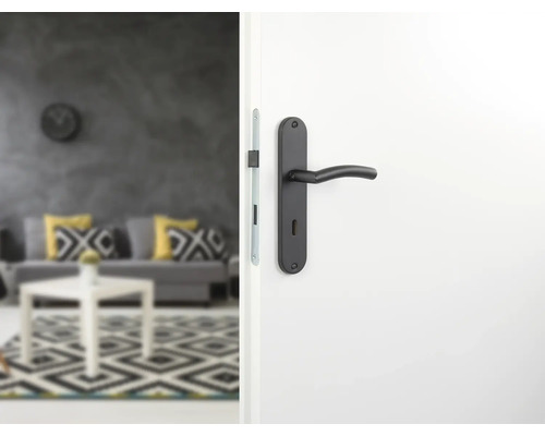 Schwarze Türgarnitur auf einer Tür mit Wohnraum im Hintergrund