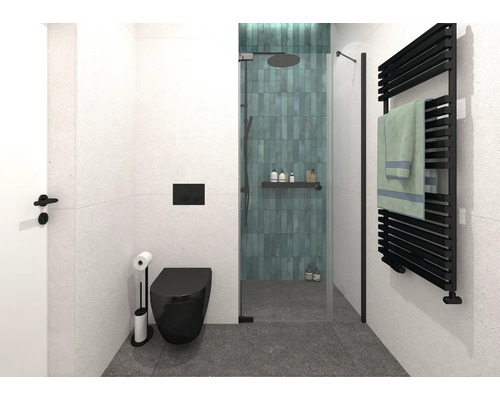 Modernes Badezimmer mit Dusche, Toilette und Handtuchwärmer