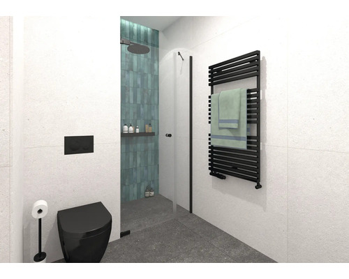 Modernes Badezimmer mit Dusche, Toilette und Handtuchwärmer