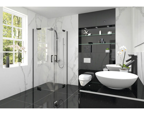 Modernes Badezimmer mit Dusche, Waschtischen und schwarzen Akzenten