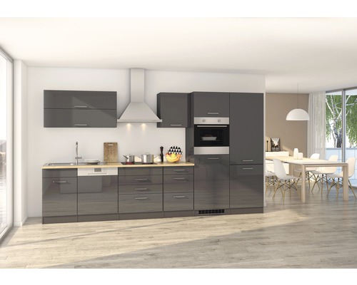 Held Möbel Küchenzeile mit Geräten Mailand 360 cm Frontfarbe grau hochglanz Korpusfarbe graphit zerlegt