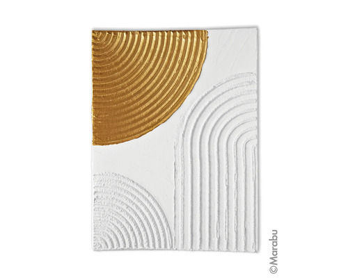 Abstraktes Wandbild mit goldfarbenen und weißen Elementen