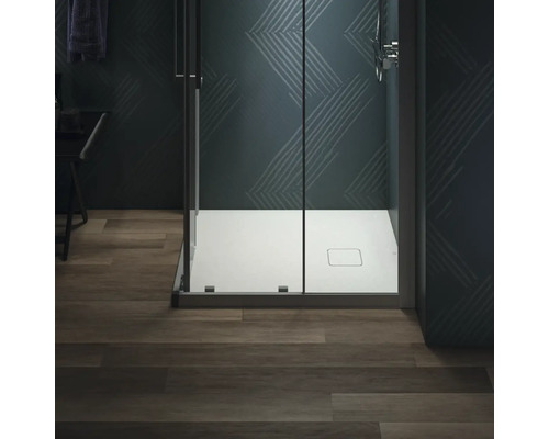 Moderne Dusche mit flacher Duschwanne und Glasabtrennung im Badezimmer.