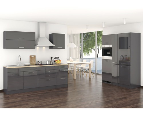 Held Möbel Küchenzeile mit Geräten Mailand 380 cm Frontfarbe grau hochglanz Korpusfarbe graphit zerlegt