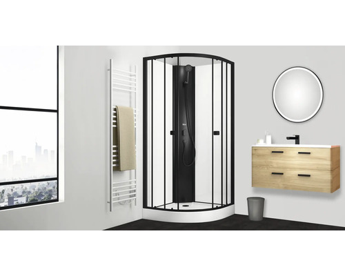 Modernes Badezimmer mit Eckeinstiegsdusche, Waschtisch und Handtuchwärmer