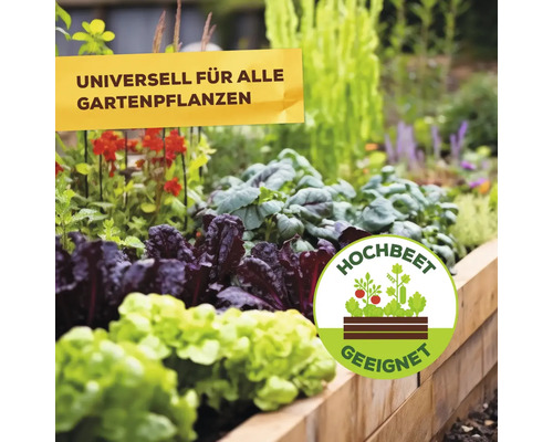 Hochbeet mit verschiedenen Gartengewächsen und Hinweis auf universelle Eignung