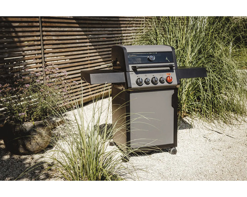 Gasgrill mit vier Brennern und Seitenablagen im Garten