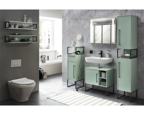 Modernes Badezimmer mit Waschtisch, Spiegelschrank, Hochschrank und Hängeregalen