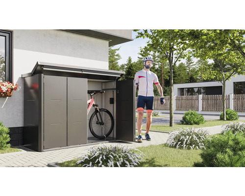 Fahrradgarage aus Metall mit geöffneter Tür und Fahrrad